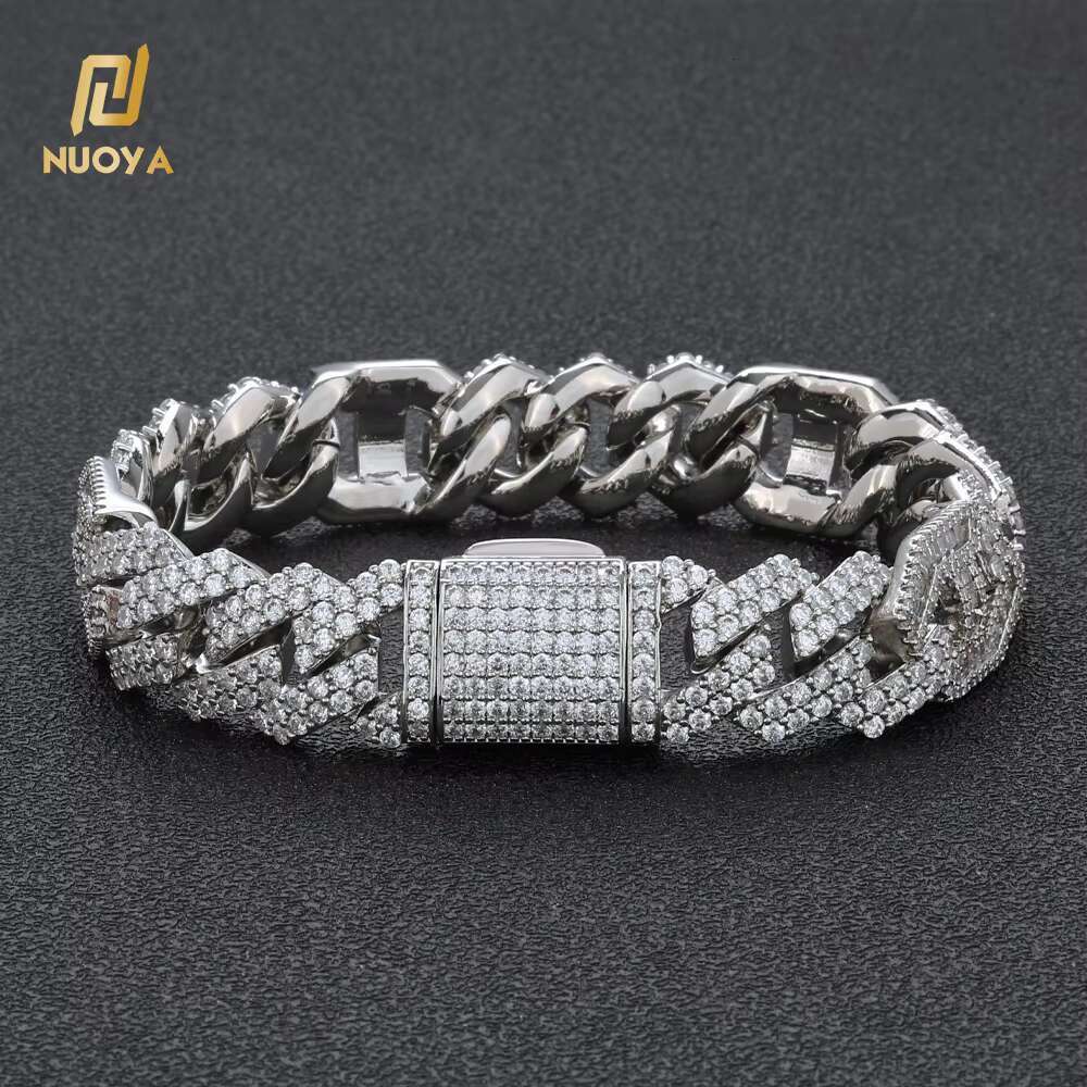 NUOYA High Quality Prong Cuban Chain Bracelet Silver Plated Hip Hop Jewelry Bling Full Diamond Micro Pave CZ Cuban Bracelet