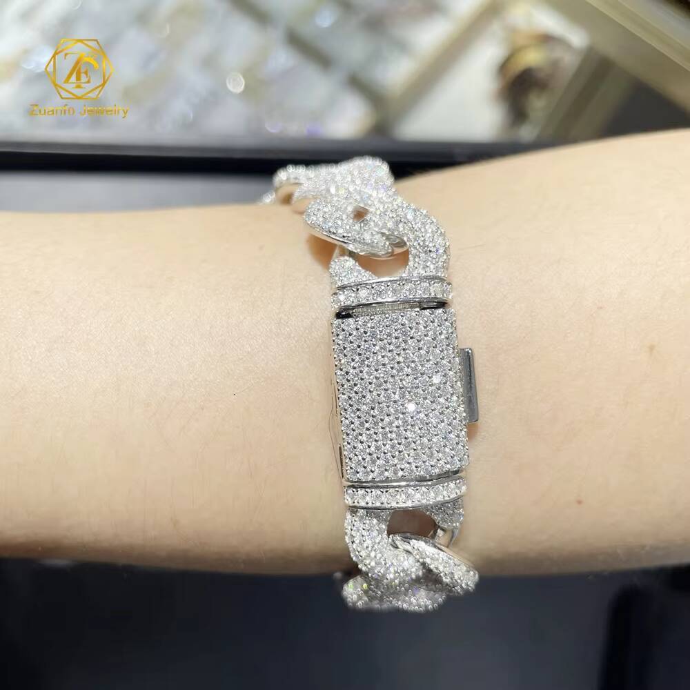 Hiphop Style 925 Silver Gold Plated 15MM Moissanite Infinity Chain Cuban Chain Necklace Bracelet Fine Chain Link Bracelets for