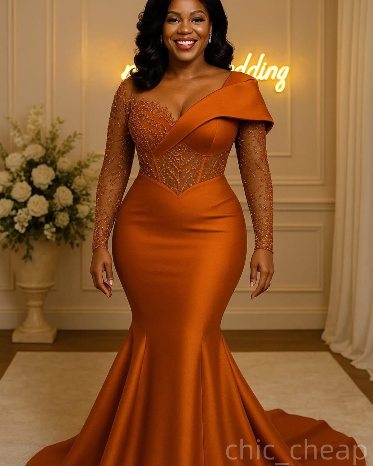 Simple Mermaid Plus Size Prom Dresses 2025 Lace Beaded Satin Full Sleeves Evening Formal Party Second Birthday Engagement Gowns Dress For Special Occa