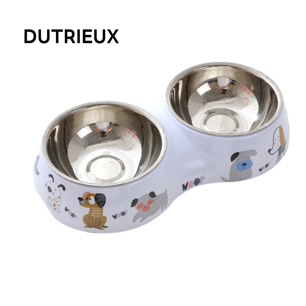 KK58 New double pet food and water bowl, made of corrosion-resistant stainless steel, suitable for cats and dogs.