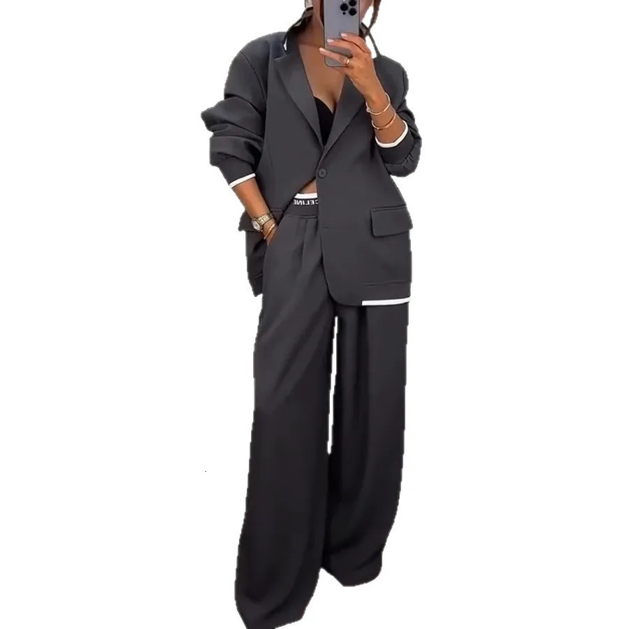 Womens Fall Spring 2 Piece Blazer Outfits Office Lady Business Professional Casual Oversize Jacket Wide Leg Work Pants Suit Set 251128