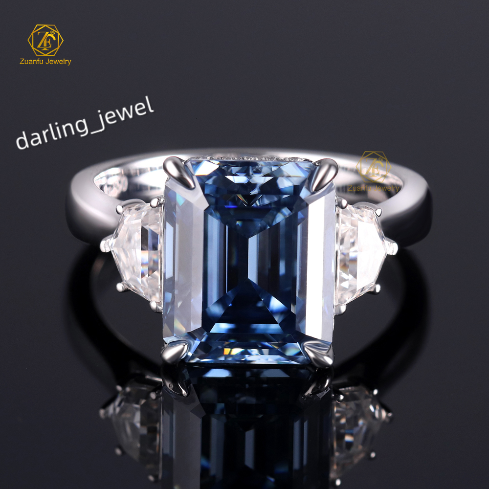New Design 18K Solid White Gold 3 Carats Emerald Cut Blue Lab Moissanite Diamond Engagement Wedding Ring Dainty Elegant-Factory