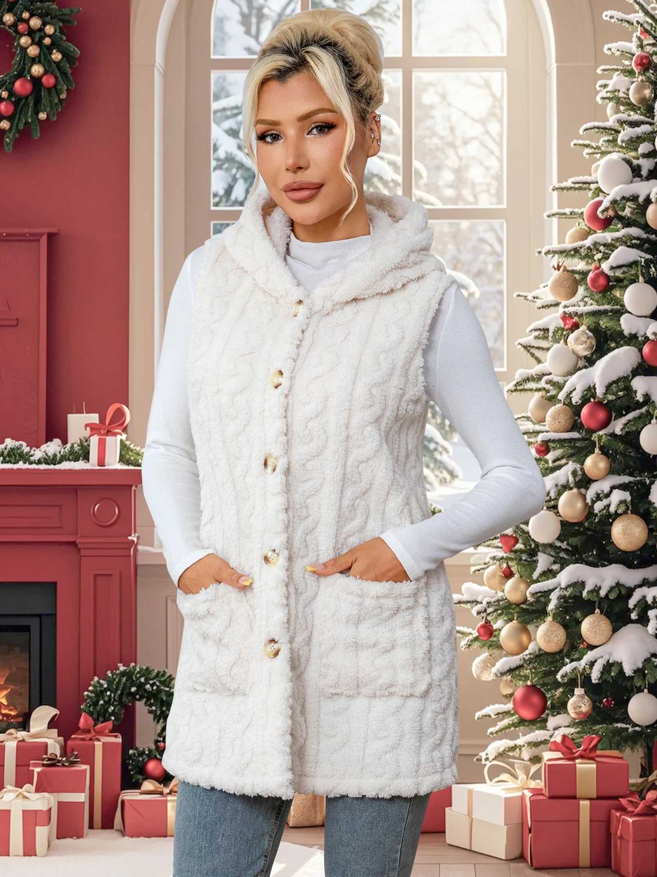 Womens plush sleeveless coat full front opening hooded collar with pockets warm and soft white colorT251129