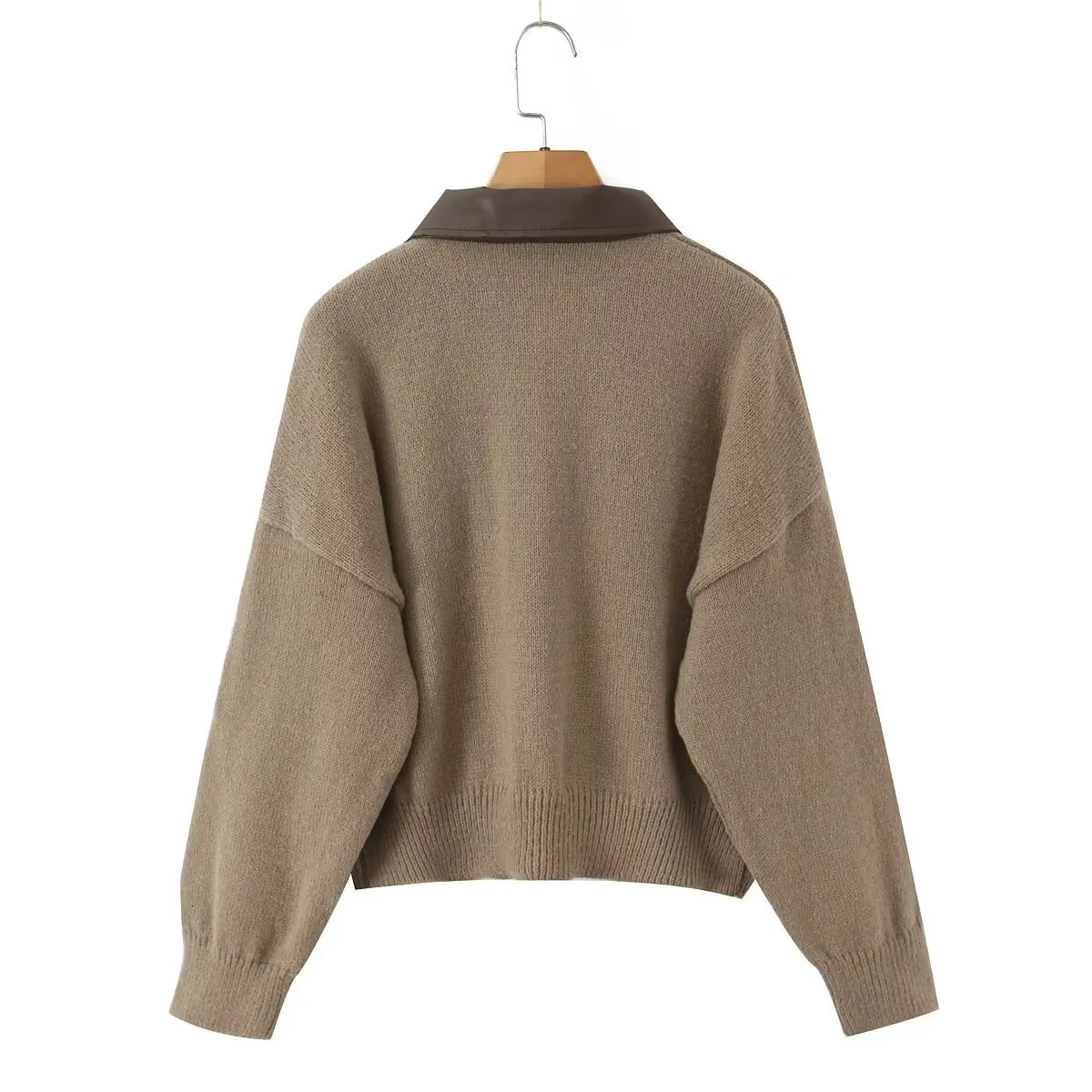 DiYiG WOMAN winter fashion leather collar stitching knitted cardigan vintage long sleeve zipper sweater Mujer 251128