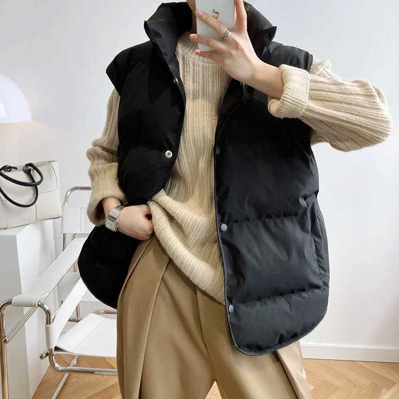 Stand Neck Puffer Cotton Vest Beige Black Autumn Winter Loose Vest Women JacketT251129