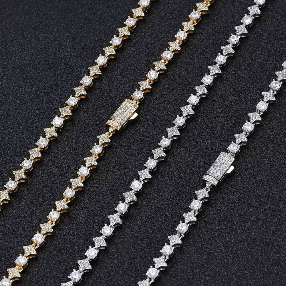 NUOYA 6mm Sparkling Diamond Tennis Chain Hip Hop Jewelry Iced Out Spring Clasp Round Zircon Star Tennis Chain Necklace for Gift