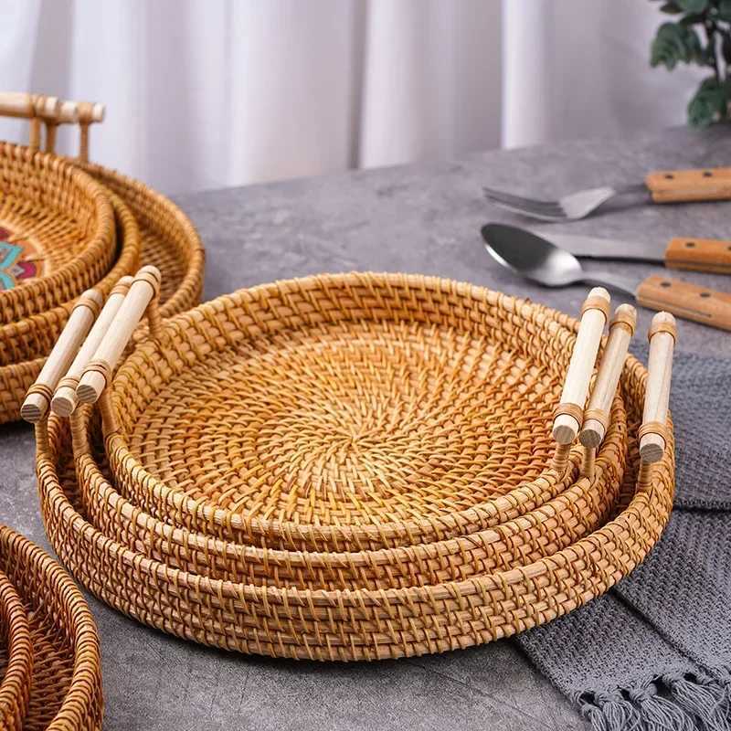 Handmade Rattan Tray Double Ear Tea Fruit Serving Tray Bread Snack Storage Woven Basket Insulated Art Decoration Home Decor Y251129