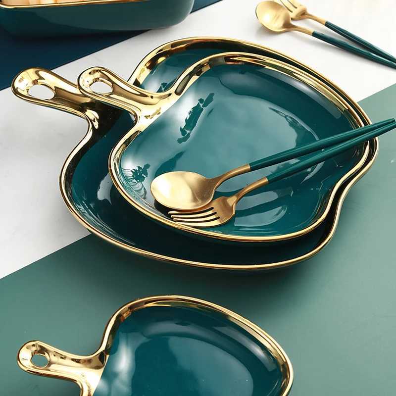 Luxury Nordic Light Luxury Plate Storage Plate He Creative Breakfast Plate Tableware Golden Edge Double Ear Plate Kitchen Supplies Y251129