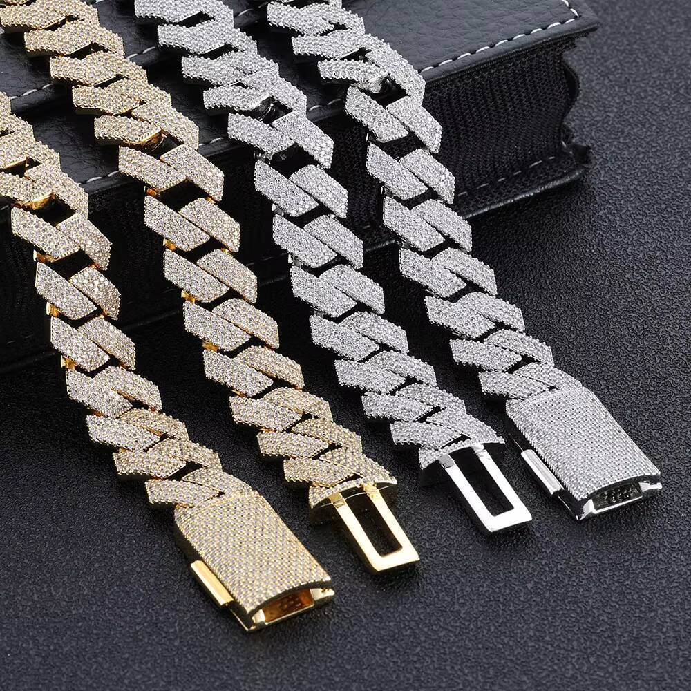Eskeem Hip Hop Jewelry 15mm 4 Rows Iced Out CZ Stone Prong Cuban Chain Necklace Silver Plated Prong Miami Cuban Link Chain
