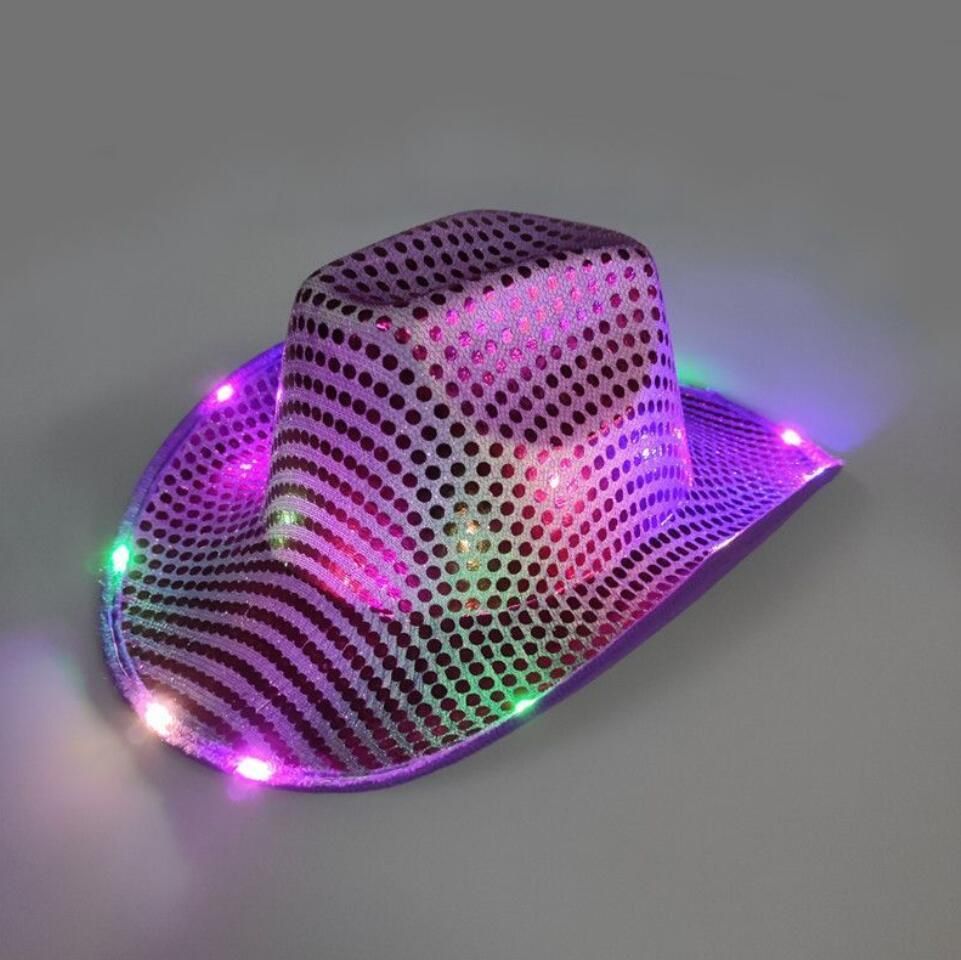 Party Hats Space Cowgirl LED Hat Flashing Light Up Sequin Cowboy Hats Luminous Caps Halloween Costume 0119