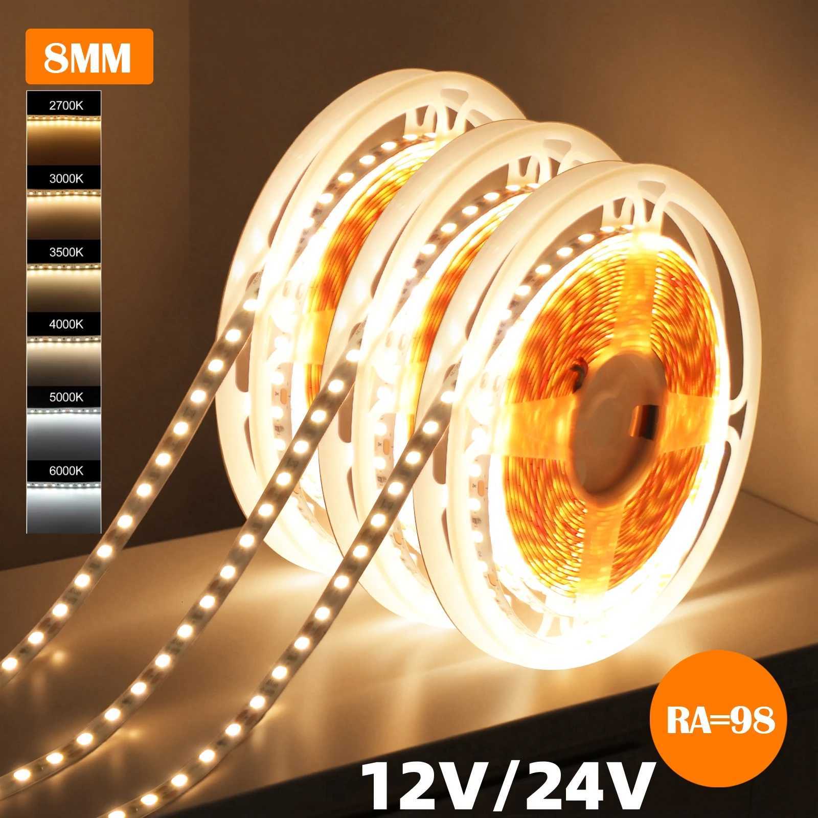 RA98 LED Strip 24V 12V 8MM PCB Full Spectrum 2700K 3000K 3500K 4000K 5000K 6000K No Flicker 2835 120Leds/M Ribbon Tape Light M251129