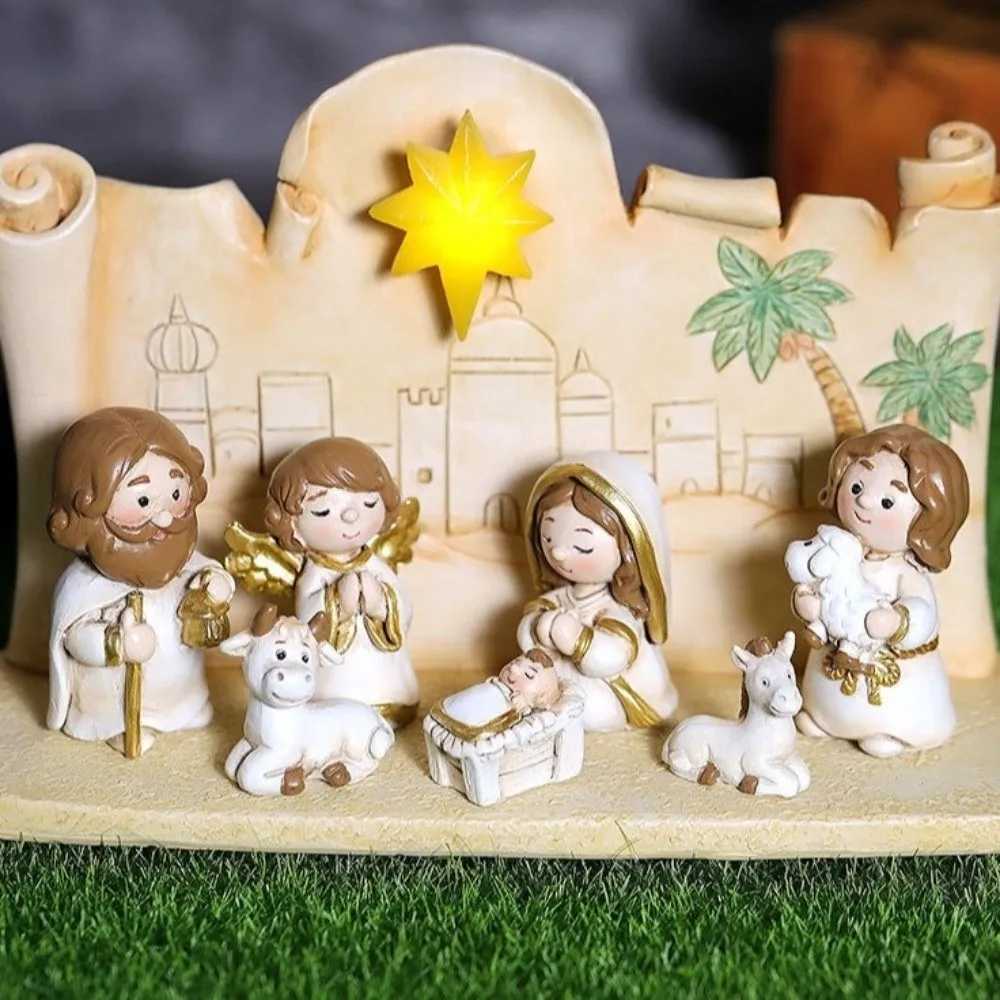 Resin Nativity Manger Ornament Miniature Cartoon Nativity Figurine Hand Painted LED Lights Jesus Child Statue He Decor H251129