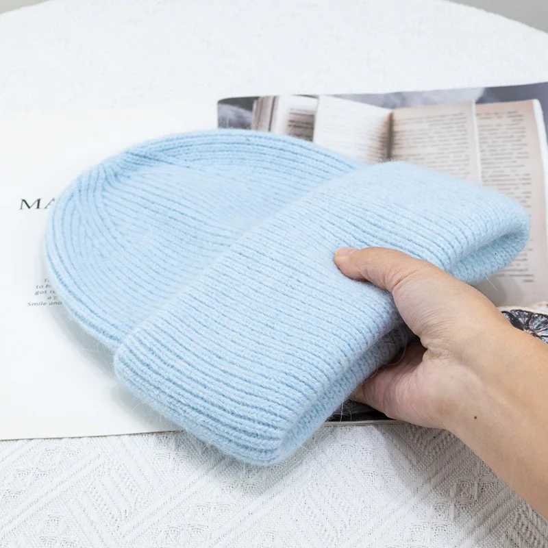Fashion Warm Cashmere Wool Skullies Angola Rabbit Fur Winter Knitted Beanies Women Cap Female Three Fold Ski Outdoor HatsXJ251129