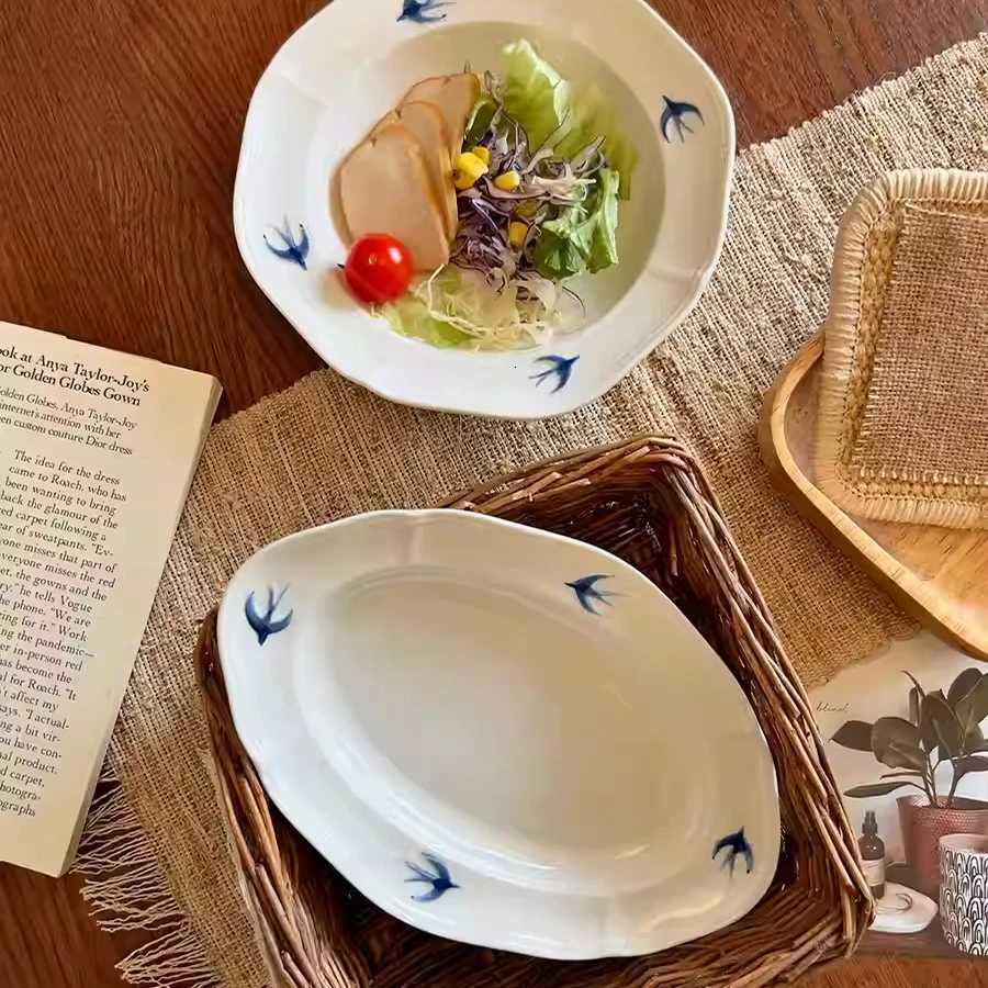 Luxury Swallow Oval Plates High-end Household Ceramic Serving Plate Ins White Breakfast Tray Retro Afternoon Tea Dessert Tableware Y251129