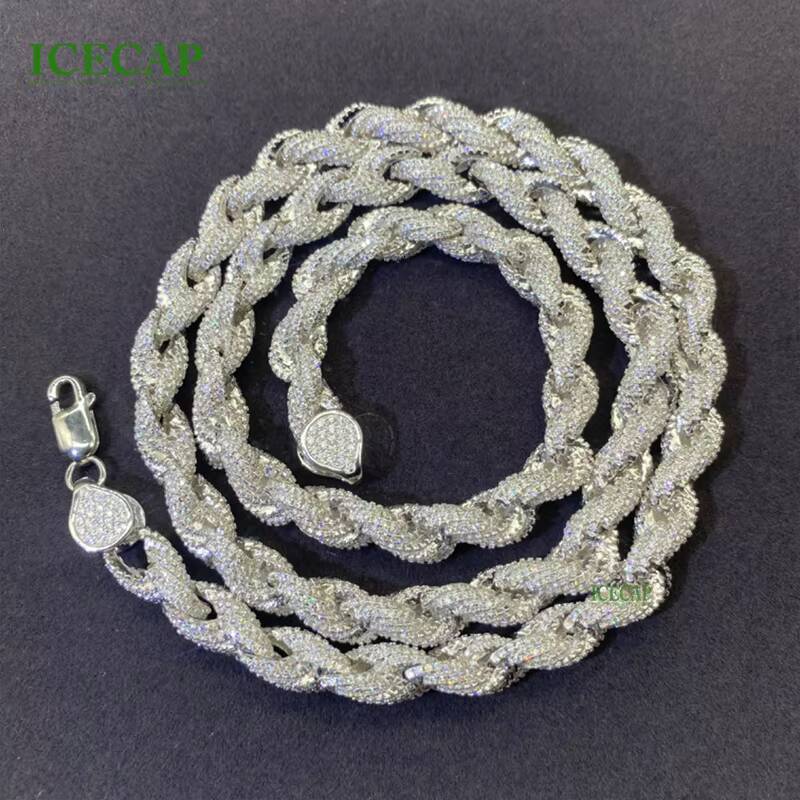 VVS Moissanite Rope Chain Necklace for Women Men 8mm Iced Out Tennis Style S925 Silver with Cuban Hip Hop Inspired Design