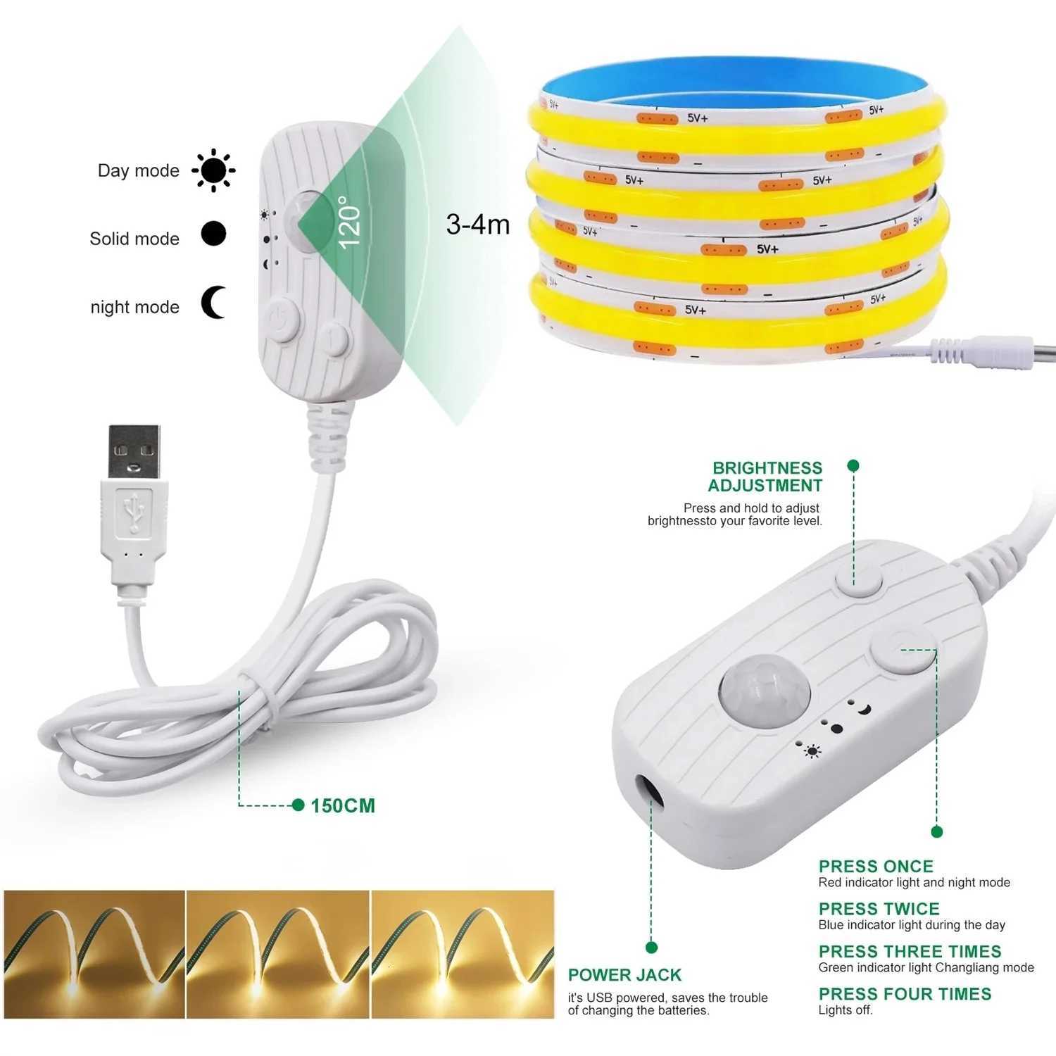 8MM Dimmable Flexible COB LED Strip Light Motion Sensor LED Ribbon USB Powered for Under Cabinet Kitchen Stairs Nightlights M251129