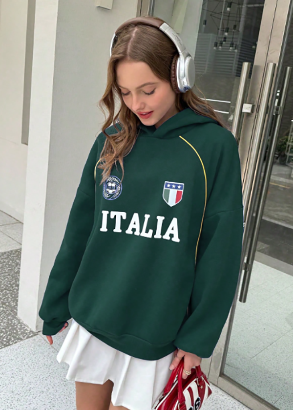 Women's Green Italy Print Hoodie: Young Fashion Style, Casual Comfortable Pullover with Heat Transfer Graphics, Loose-Fit Hooded Sweatshirt for D