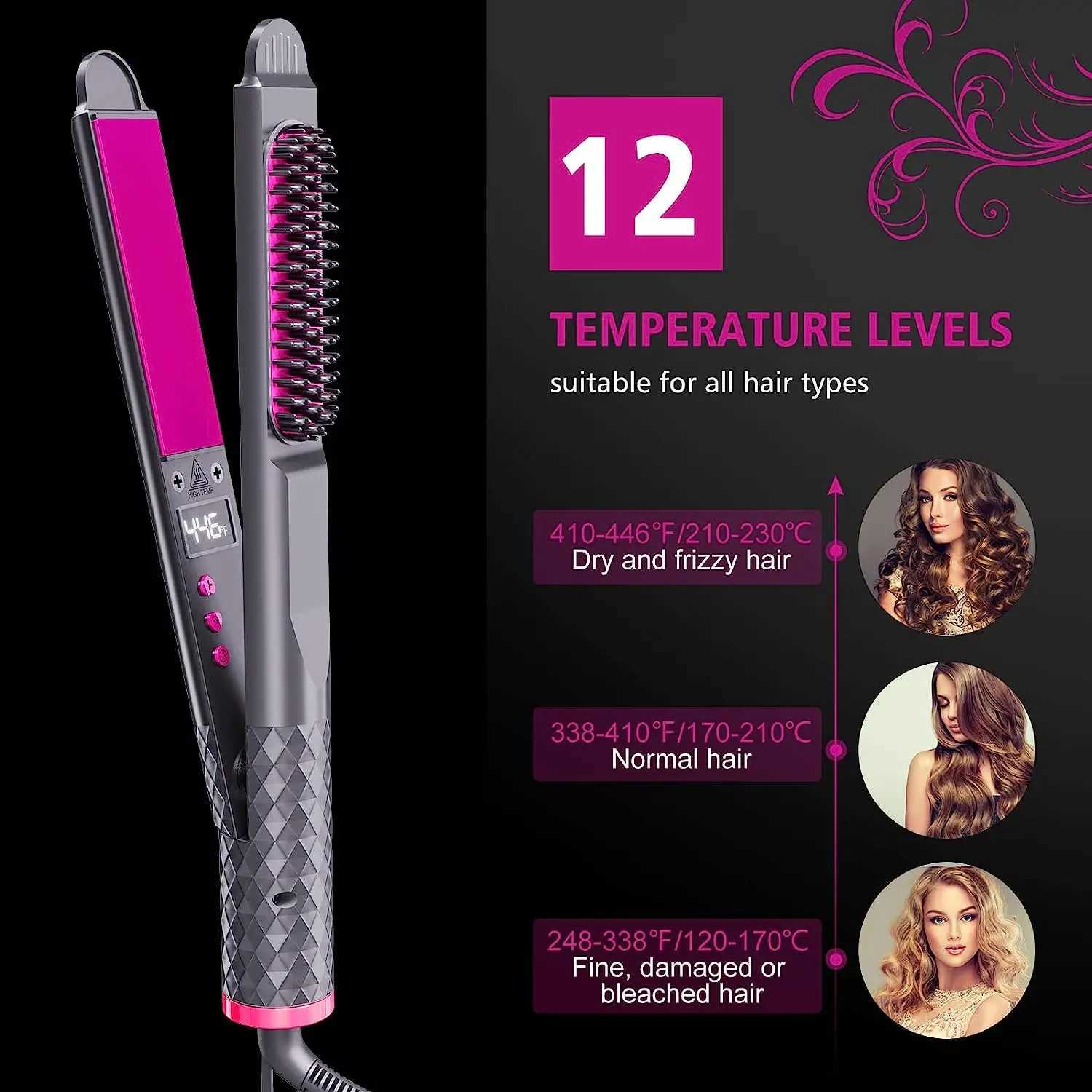 Womens 3-in-1 Hair Straightener Curling Flat Iron Electric Hot Comb Ceramic Ionic Fast Heating Hair BrushT251129