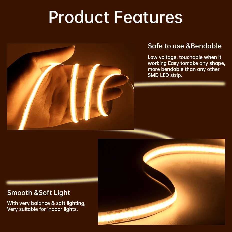 DC12V Ultra-Thin 8mm COB LED Strip 320LEDs/m 05m-5m Dimmable with 3-Key Control for Under Cabinet Showcase Lighting Install M251129