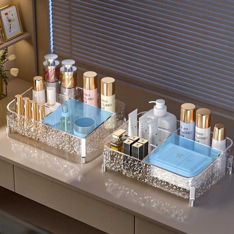 Glacier-print Desktop Makeup Organizer with Legs Clear Lipstick Split Vanity Storage PET Organizer Makeup Organizer Box Y251129