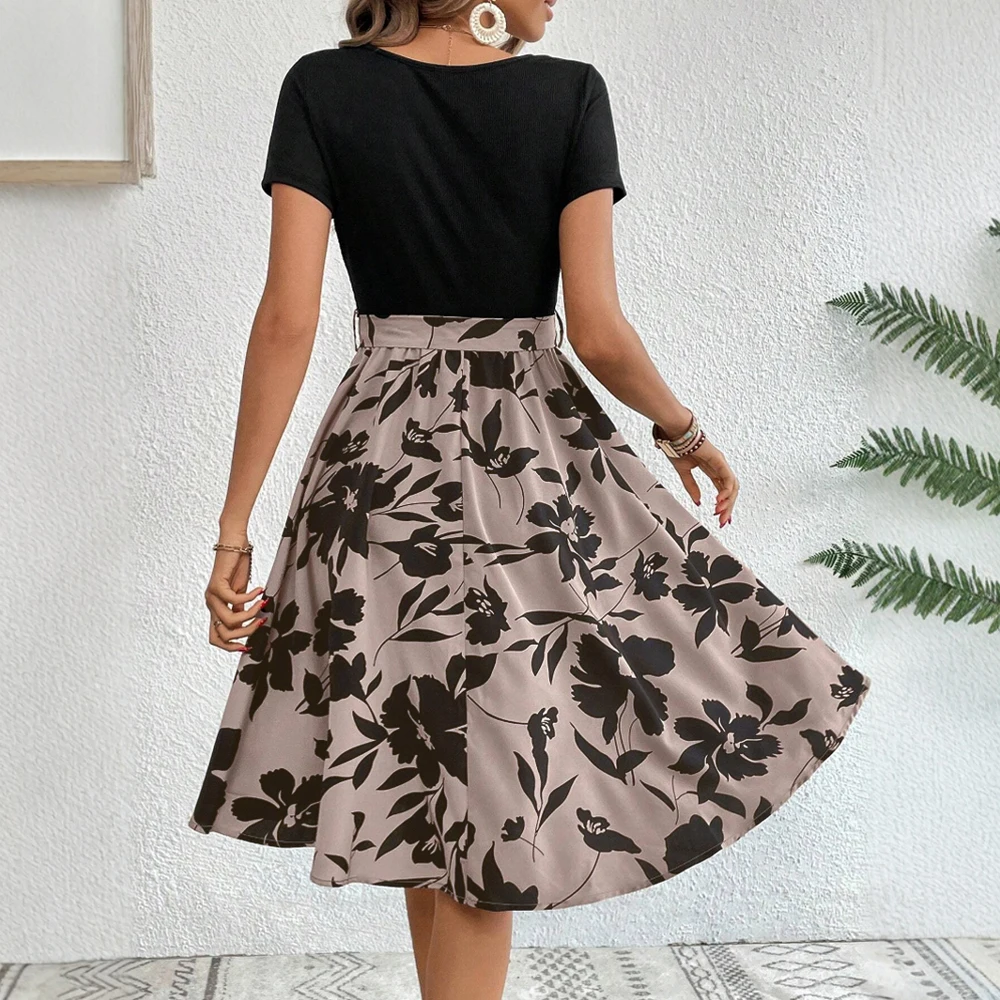 Dresses Summer Elegant Simple Patchwork Floral Print Short Sleeve Round Neck Casual Dresses For Women