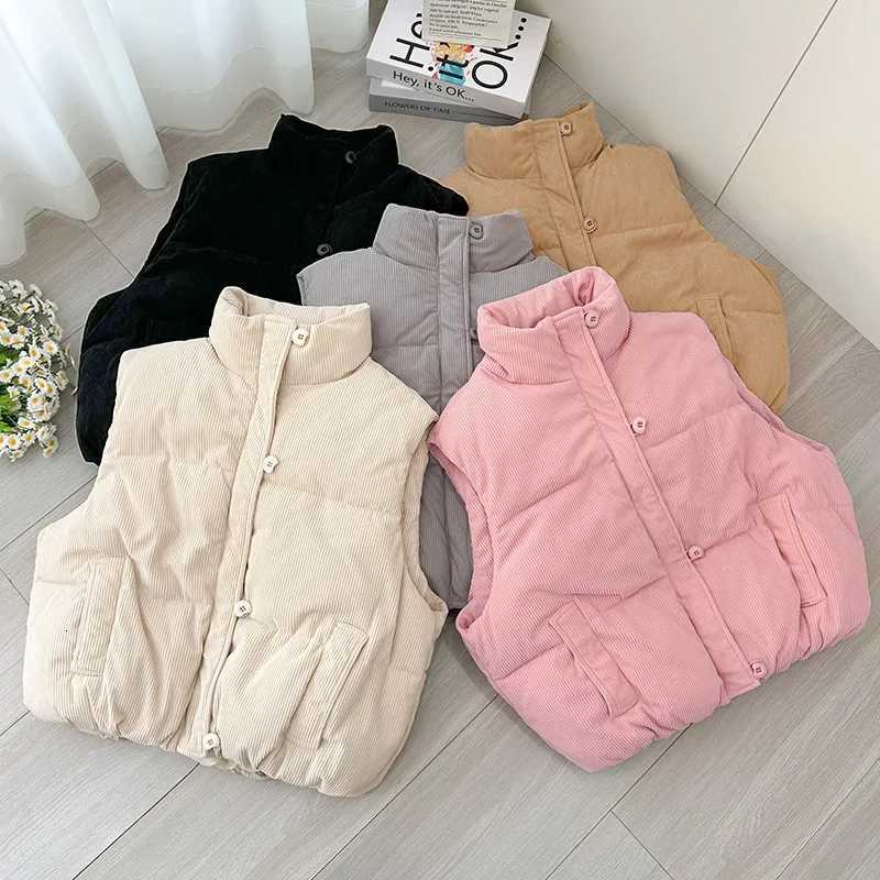 Autumn Winter Sleeveless Puffer Vest Jacket Women Stand Collar Down Cotton Vest Coat Corduroy Puffer Waistcoat OutwearT251129