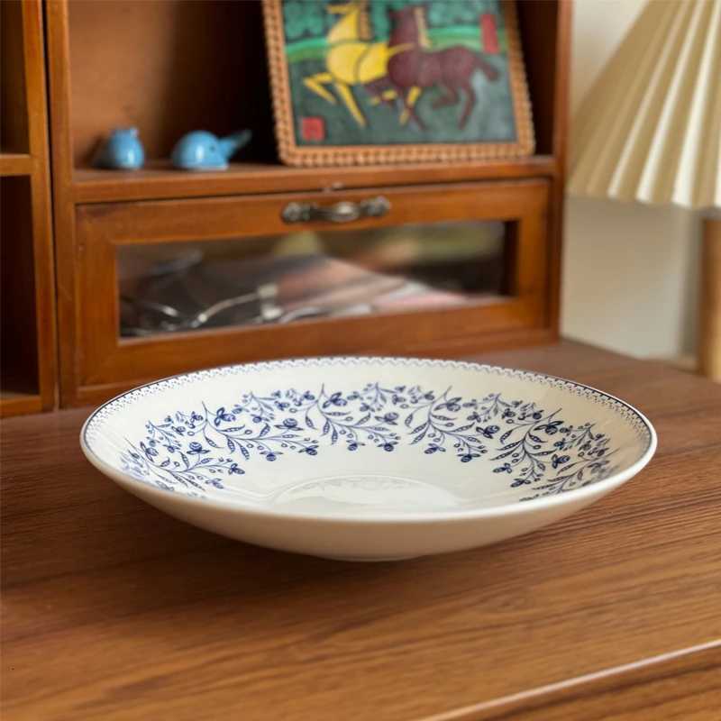 Luxury 8inches Ceramic Plate Blue Floral Print Dining Dishes Texture Underglaze Round Deep Soup Plates Household Fruit Salad Tablewares Y251129