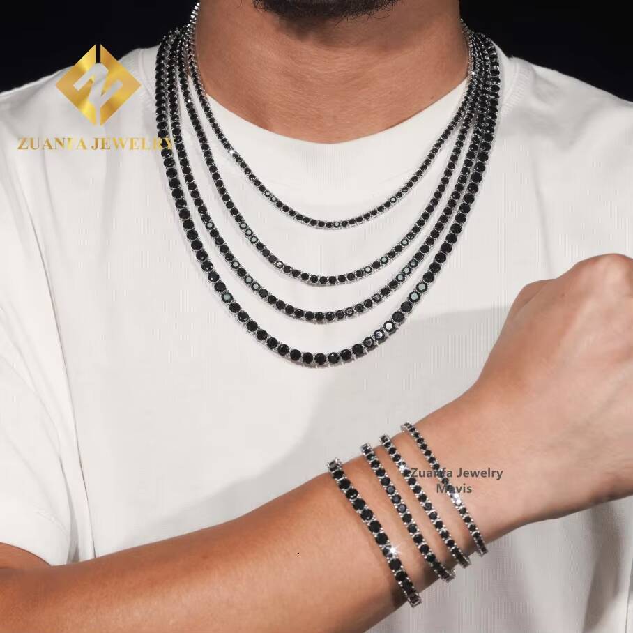 Worldwide Shipping Hip Hop Iced Out Tennis Necklace 925 Sterling Silver 3MM 35MM 4MM 5MM VVS Black Moissanite Tennis Chain