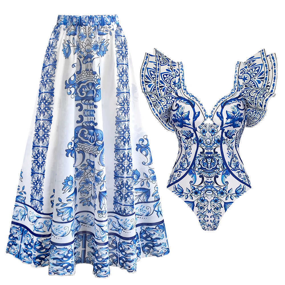 Sexy Ruffle One Piece Swimsuit Women Print Swimwear with Skirt Monokini Print Bathing Suits Swim Suit Wear Beachwear Y2504230ju9