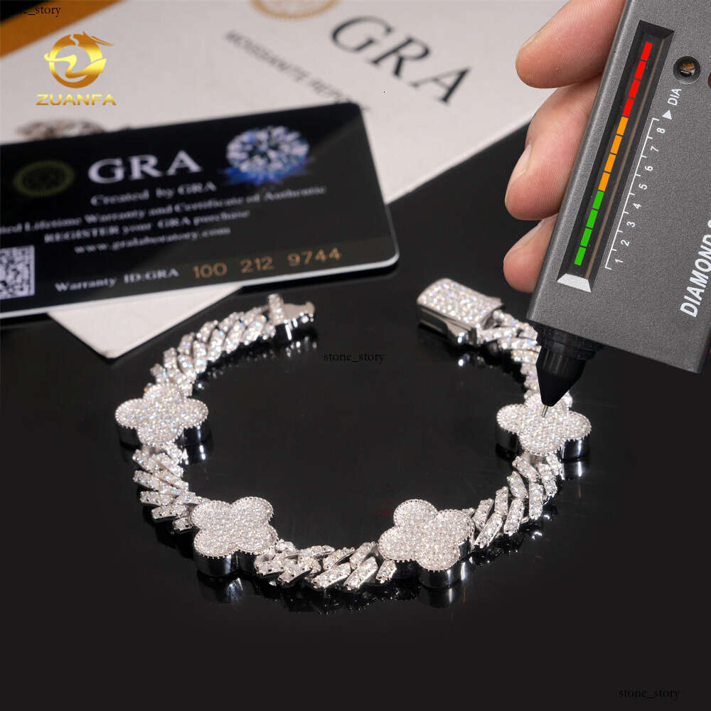 Bulk Stock Hot Sale Rapper Fashion Luxury Jewelry S925 Silver Iced Hip Hop VVS Moissanite Clover Flower Cuban Bracelet