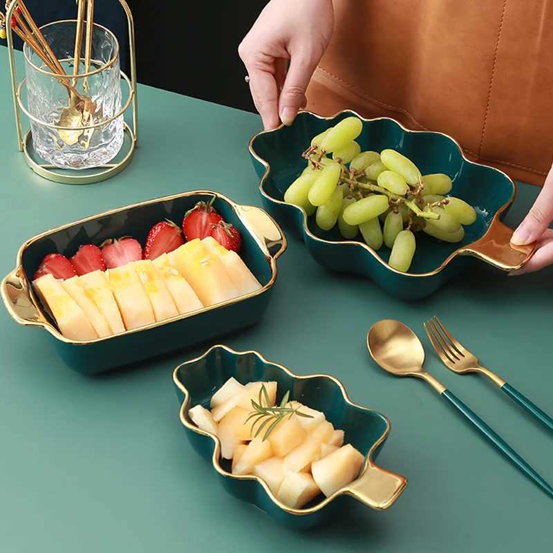 Luxury Nordic Light Luxury Plate Storage Plate He Creative Breakfast Plate Tableware Golden Edge Double Ear Plate Kitchen Supplies Y251129