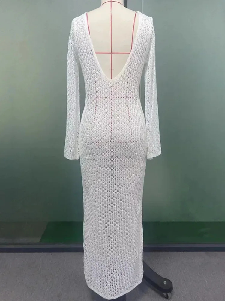 Taruxy Crochet Beach Maxi Dress Womens Sexy Knitted Hollow Bikini Swimsuit Cover Sunscreen Dress See Through Slim Lady 250423