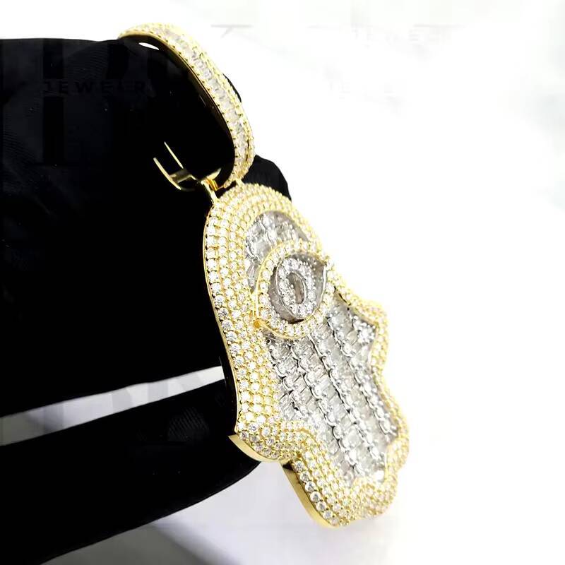 Hip Hop Hamsa Hand Necklace Pendant Iced Out 925 Sterling Silver With 18K Gold Plated Eye Hamsa Hand Moissanite Pendant