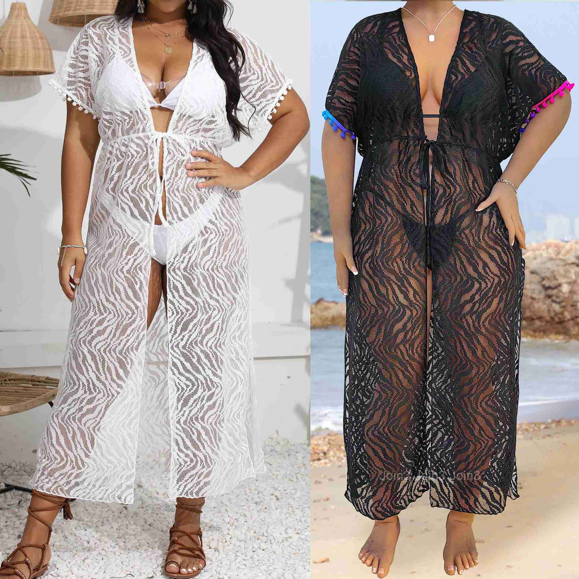 Womens cardigan plus size womens sexy see through lace waist cinching strap beach bikini cover
