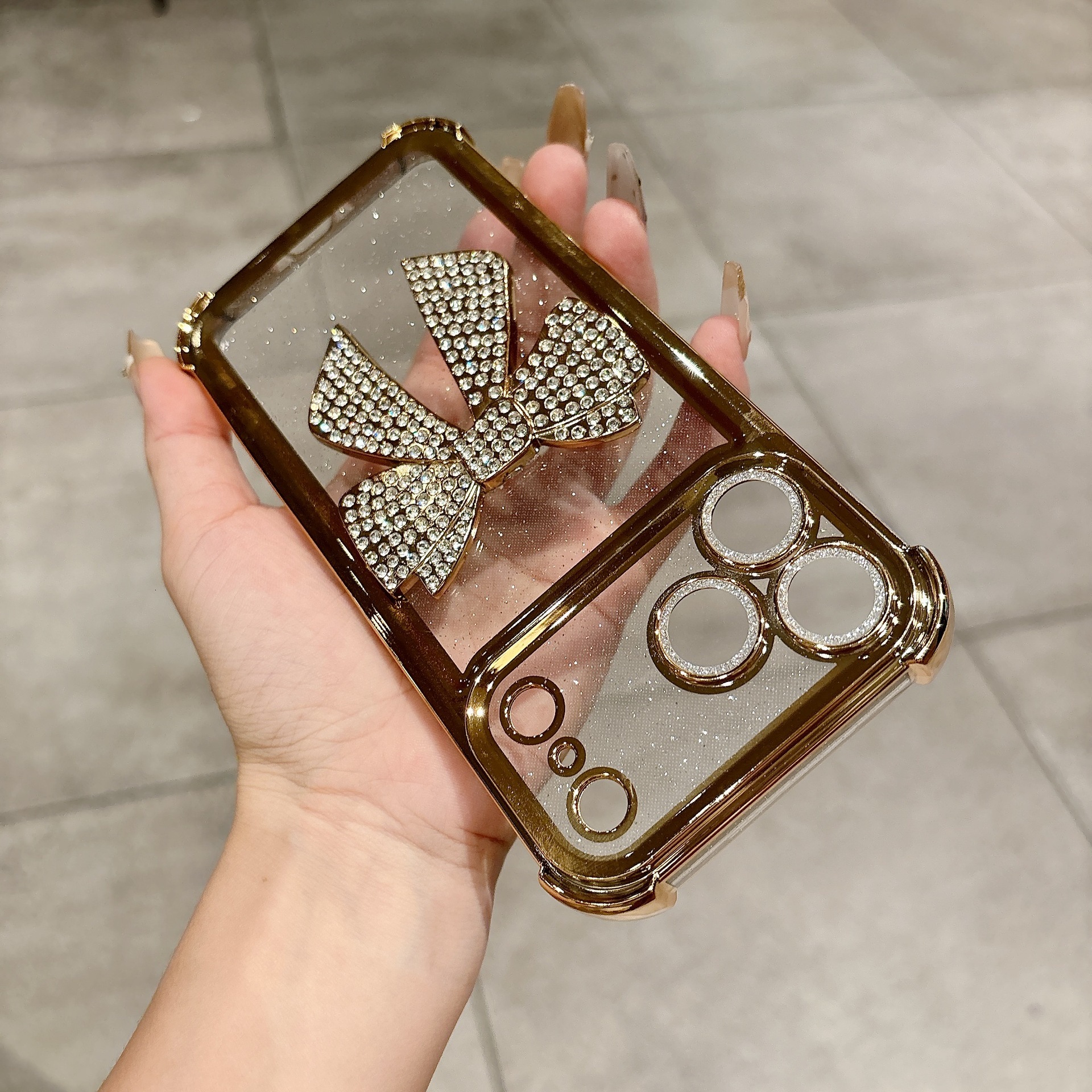 Rhinestone Bowknot Phone Case Compatible iPhone 17 Pro Max Electroplated Glitter Four-Corner Apple 16/15