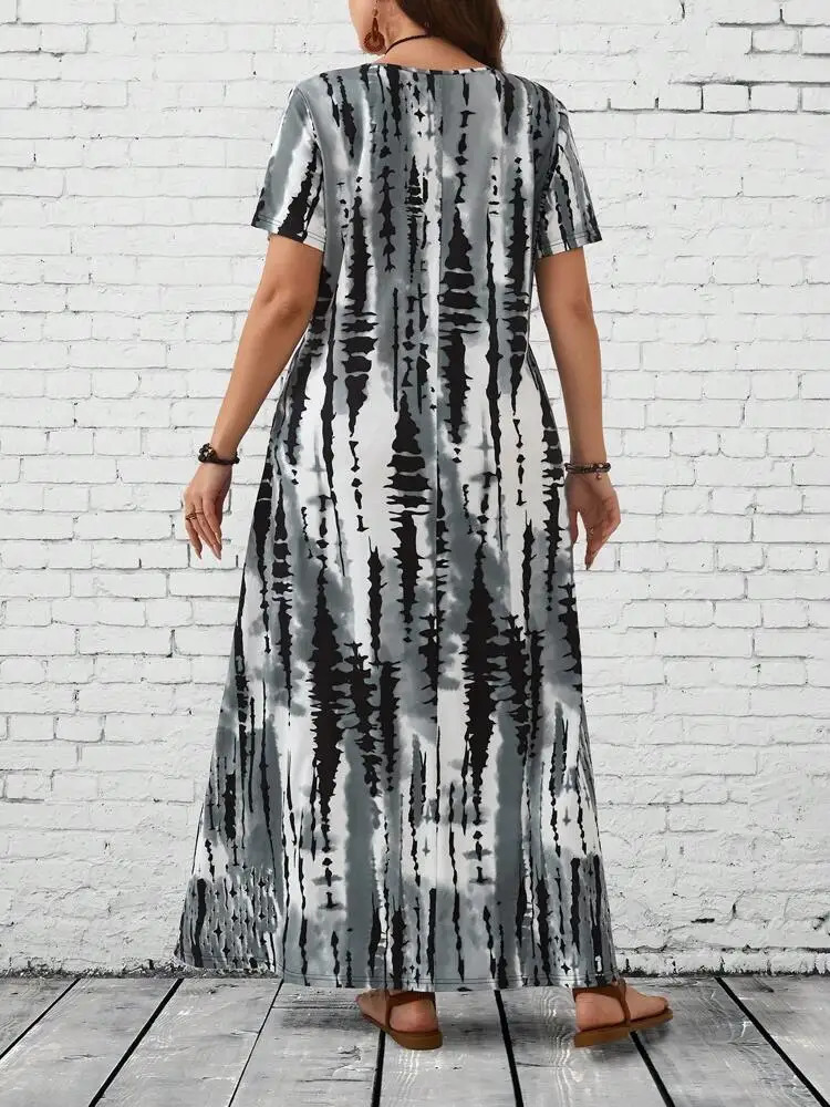 Summer womens casual round neck tie dye printed long skirt plus size dress 250420