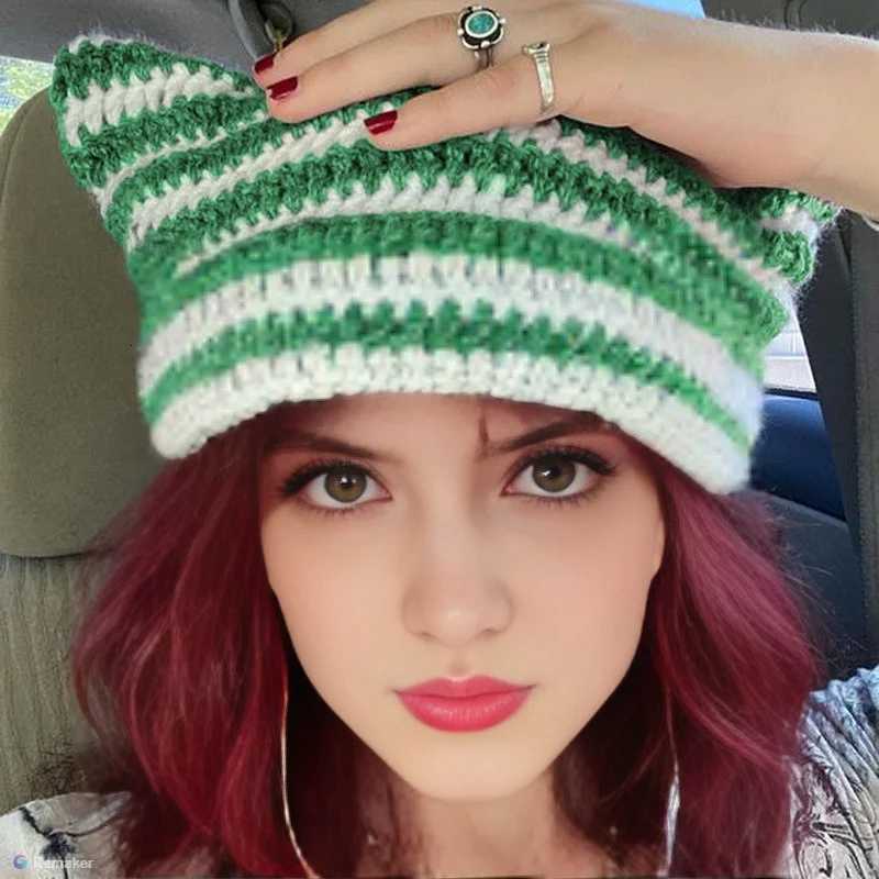Corchet Cute Cat Ears Beanie Hat for Women Winter Striped Korean Fashion Y2K HipHop Cosplay Knitted Streetwear Men SkulliesXJ251129