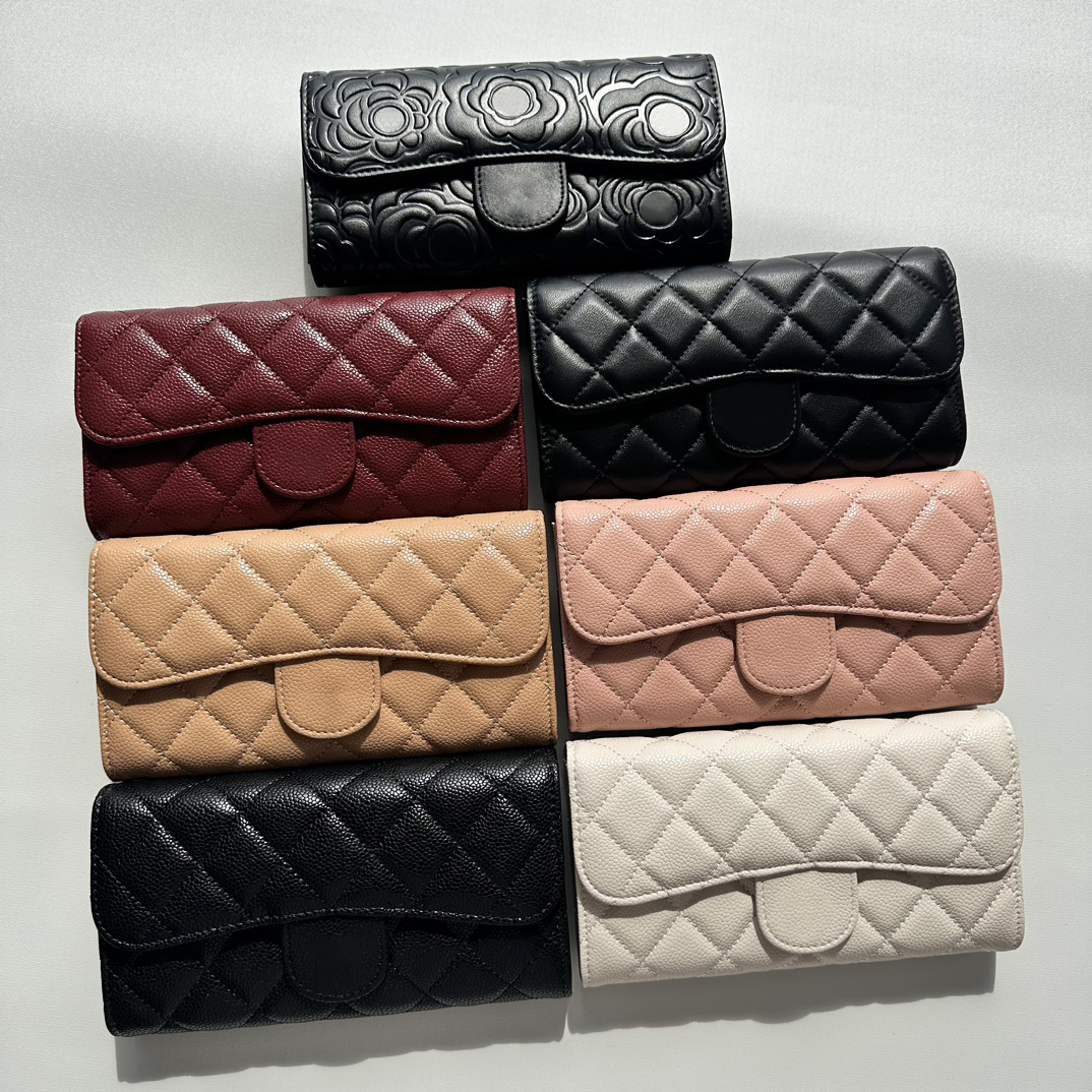 10A Luxury Long Designer C Wallet Black Sheepskin Caviar Leather Wallet Designer Metal Zipper Clutch Women Credit ID Card Holder Coin Purse Wallet With Box 50095