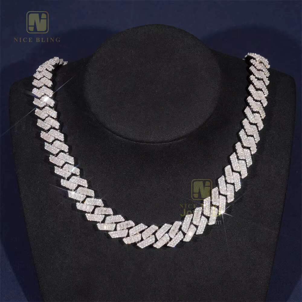 New Arrival Top Quality 15mm Two Rows Baguette Iced Out Moissanite Diamond Cuban Link Chain