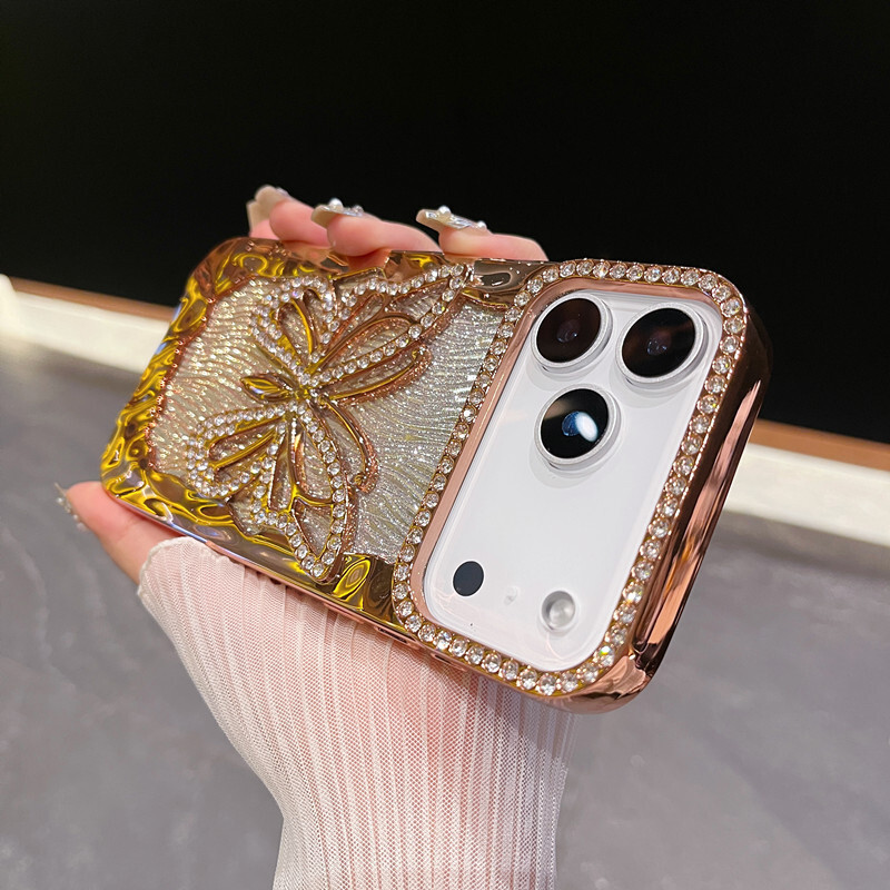 Hollow Large Butterfly Rhinestone Phone Case Compatible with iPhone 17 Pro Max Water Ripple Electroplated Soft Case iPhone 16/15