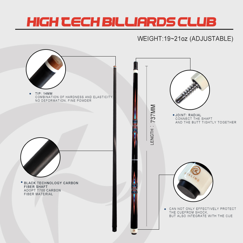 OKHEALING 14 mm Hard Tip Jump Cue 58in Billard Pool Cue Carbon Fiber Black-Tech Carbon Taco De Billar Pool Profesional, Weight Adjustable Design