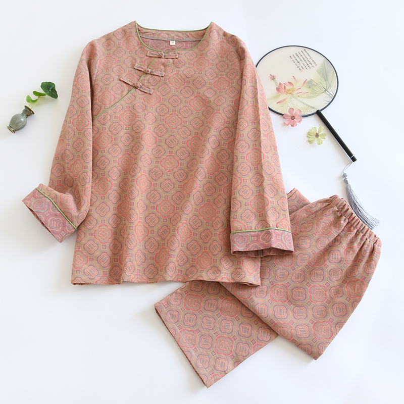 Color woven jacquard half breasted buttoned round neck cotton pajamas set for women, long sleeved pants, outerwear for home wear