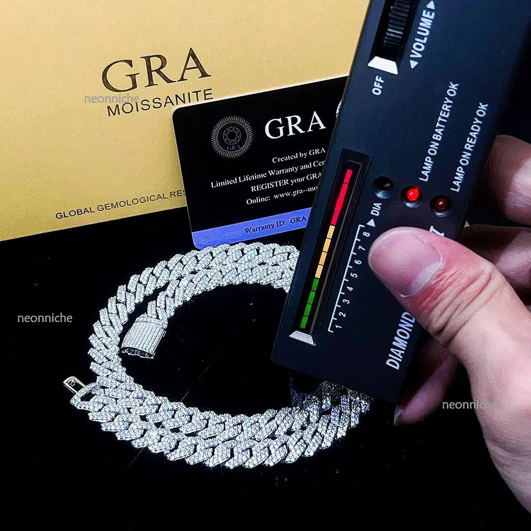 QIANAO Hip Hop jewelry 15mm Solid Sterling Sier VVS1 3 rows Moissanite Dia Heavy Iced Out Cuban Link Chain Necklace