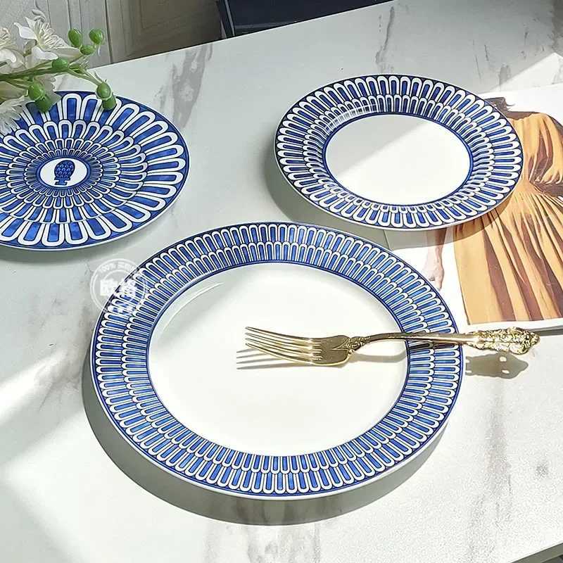 Luxury European style simple and luxurious Blue Seal Western dinner plate steak plate decoration afternoon tea Dim sum cake tableware Y251129