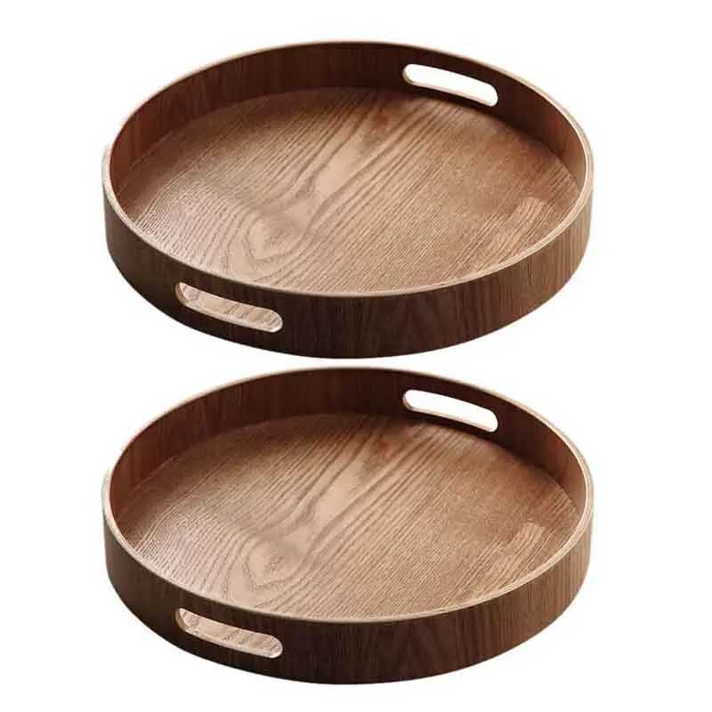 2x Round Serving Bamboo Wooden Tray for Dinner Trays Tea Bar Breakfast Food Container Handle Storage Tray 3 1 Y251129
