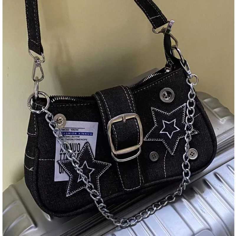 Y2k Fashion Womens Handbags Stars Pattern Cool Girls Underarm Bag Vintage Canvas Female Small Shoulder Bags Chain Tote PursesXJ250512