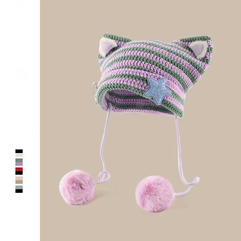 Handmade Y2k Japanese Cat Ear Beanies Rabbit Hair Pom-pom Striped Sweetheart Girl Knit Cap Autumn and Winter Warm Womens HatsXJ251129