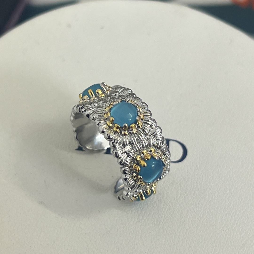 Designer Ring Italian Craft Light Luxury High-End Colorful Gemstone Small Daisy Ring Vintage Design Flower Brushed Ring for Women