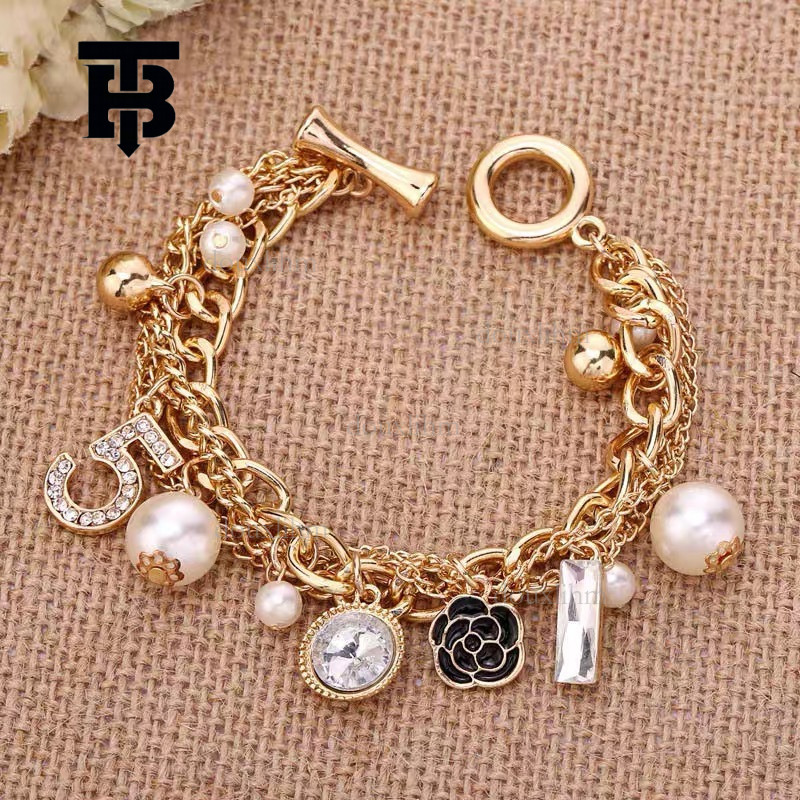 TB BHULAMTE Designer Luxury Women's Korean Multi Layer Bracelet Alloy Small Flower Inlaid Diamond Pendant American Digital Pearl Handmade Fashion