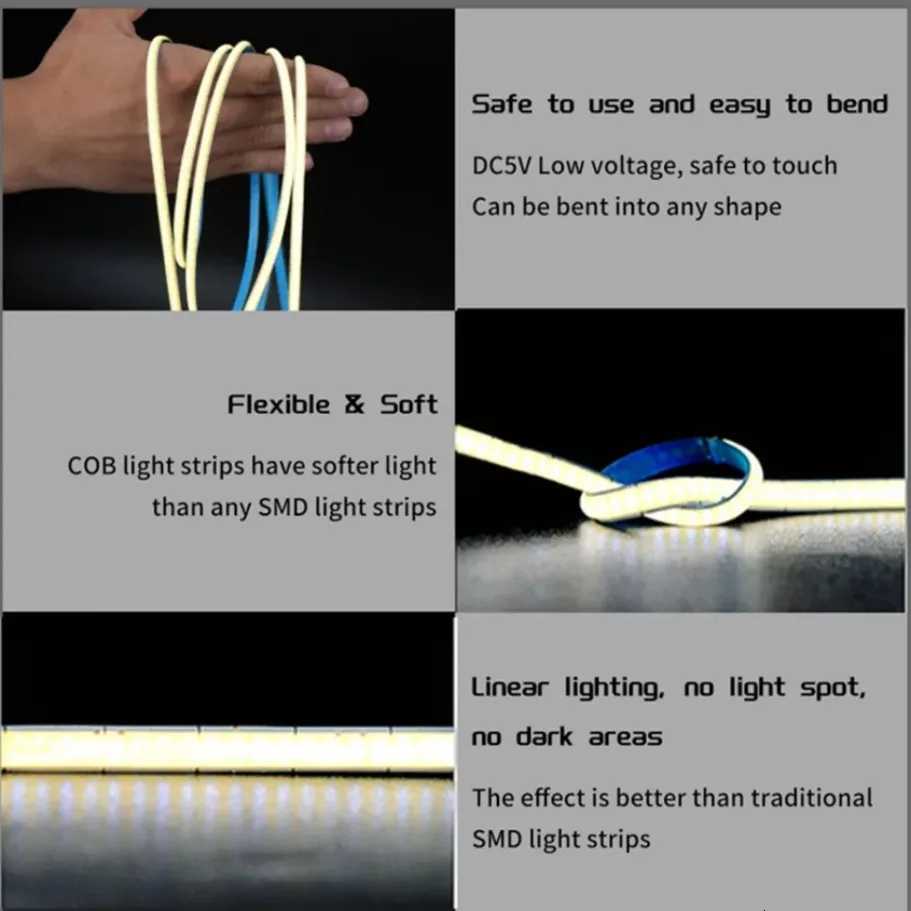 DC 5V/12V USB COB Strip 5mm 400Leds/M White/Ice Blue/Neutral light/Warm Flexible Ribbon Rope Night Lamp TV Backlight LED Strip M251129